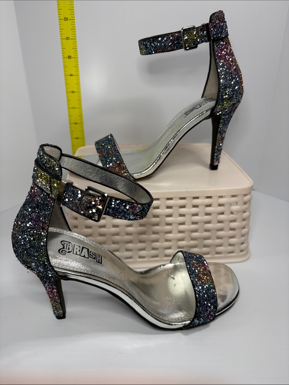 4.5” Brash rainbow Glitter Multicolor Ankle-Strap‎ Stilettos. Box 25